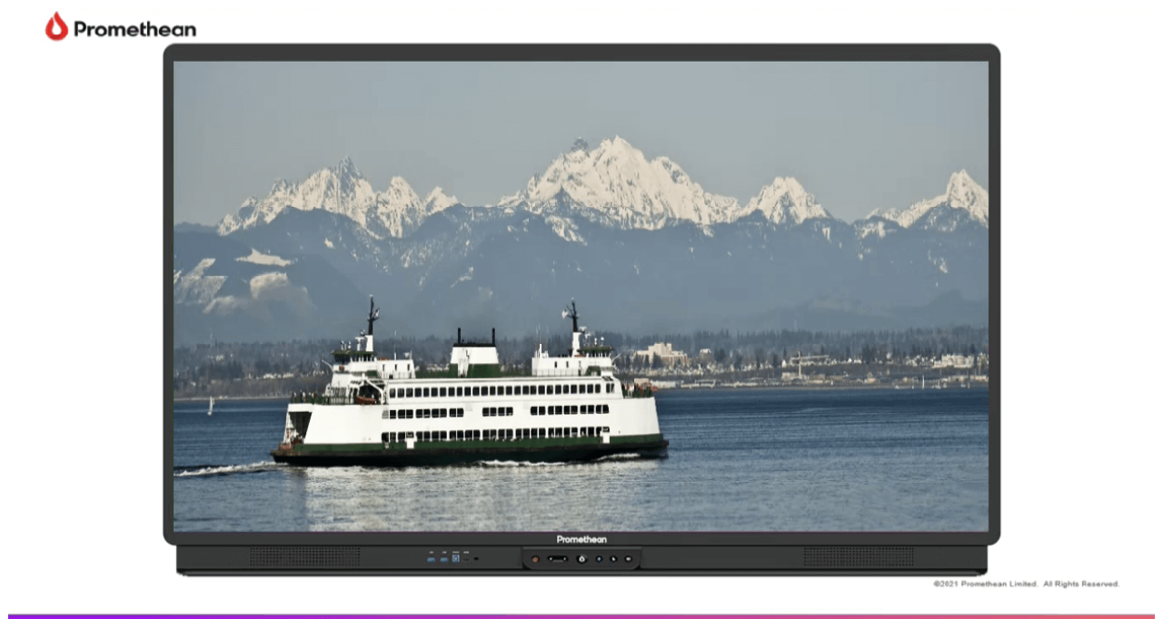 An ActivPanel 9 screen shows a picture of a ferry on the water with mountains in the background.