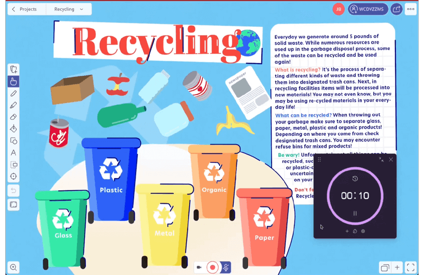 The user adds a 10 second timer to their recycling lesson on screen.