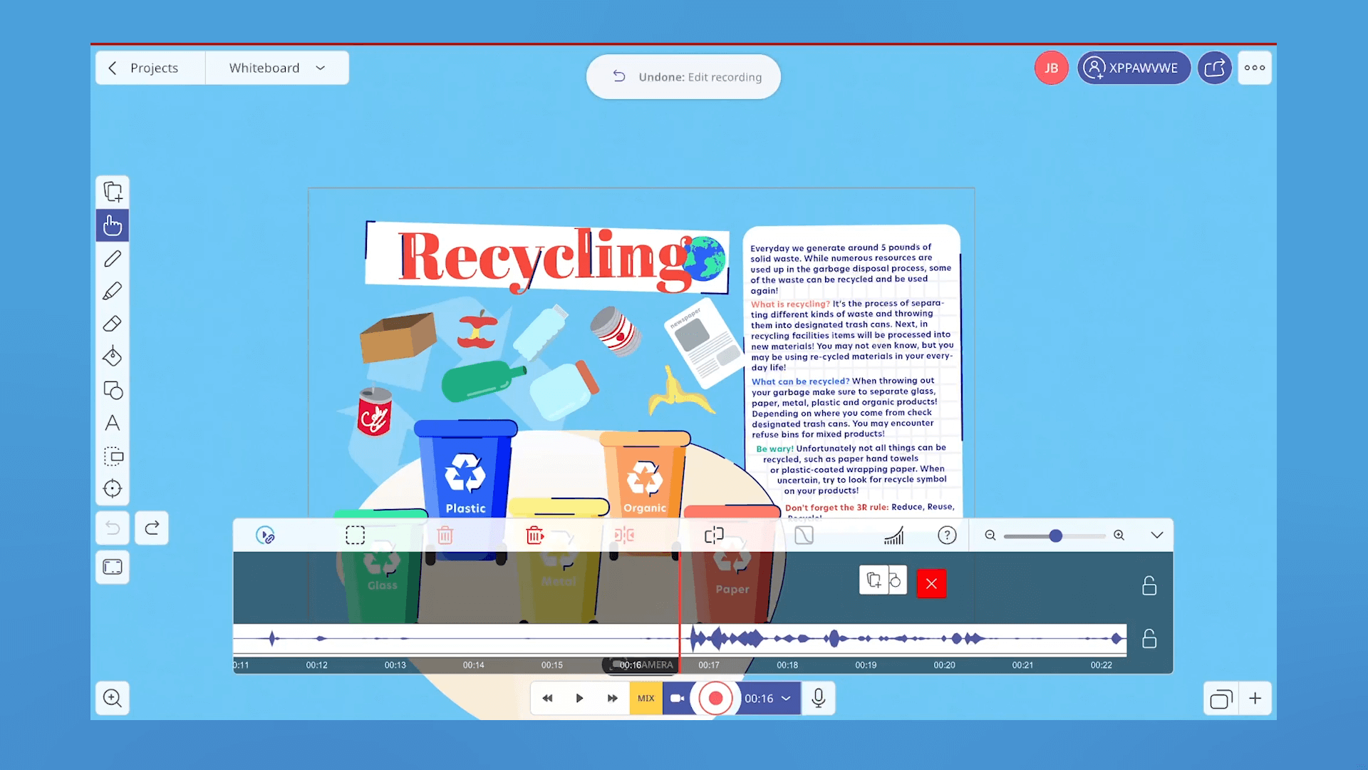 On screen, the user edits the recording of their recycling lesson.